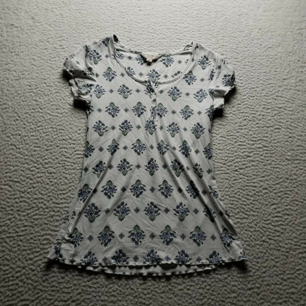 Laura Ashley Shirt Womens S White Floral Print Henley Short Sleeve Jersey Top